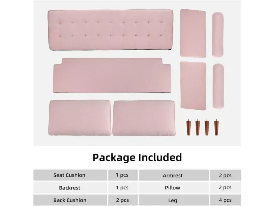 Canapé 3 places en tissu Lin rose - Scandinave - avec 2 Oreillers et Accoudoirs - Pieds bois massif - 173x77x84cm