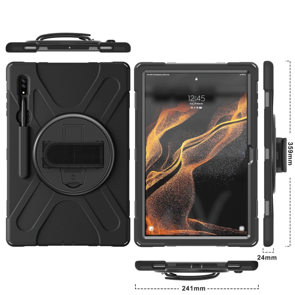 Samsung Galaxy Tab S8 Ultra Hybrid Outdoor Silikon Case Hülle mit Aufsteller und Handschlaufe und Schultergurt - Schwarz
