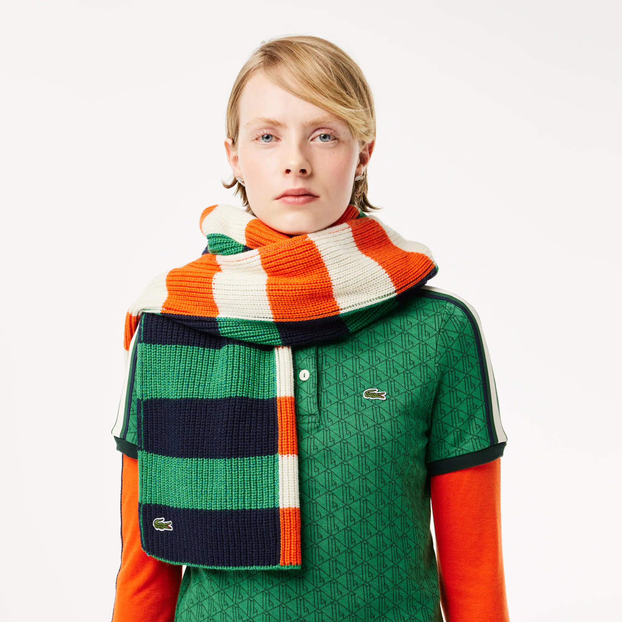 Colourblock-Schal aus Wolle mit Kontrast-Streifen Schals & Tücher - Weiss - Lacoste - Damen