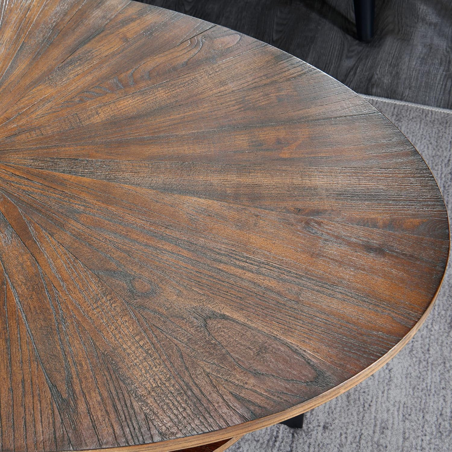Massivholz Couchtisch rund für 2 Etagen, Ovaler Couchtisch im Modern-vintage Stil, Massivholzplatte & Kreuzförmige Eisenbeine, Kaffeetisch, Wohnzimmertisch, 110 x 66 x 45.5 cm, einfache Montage, NC