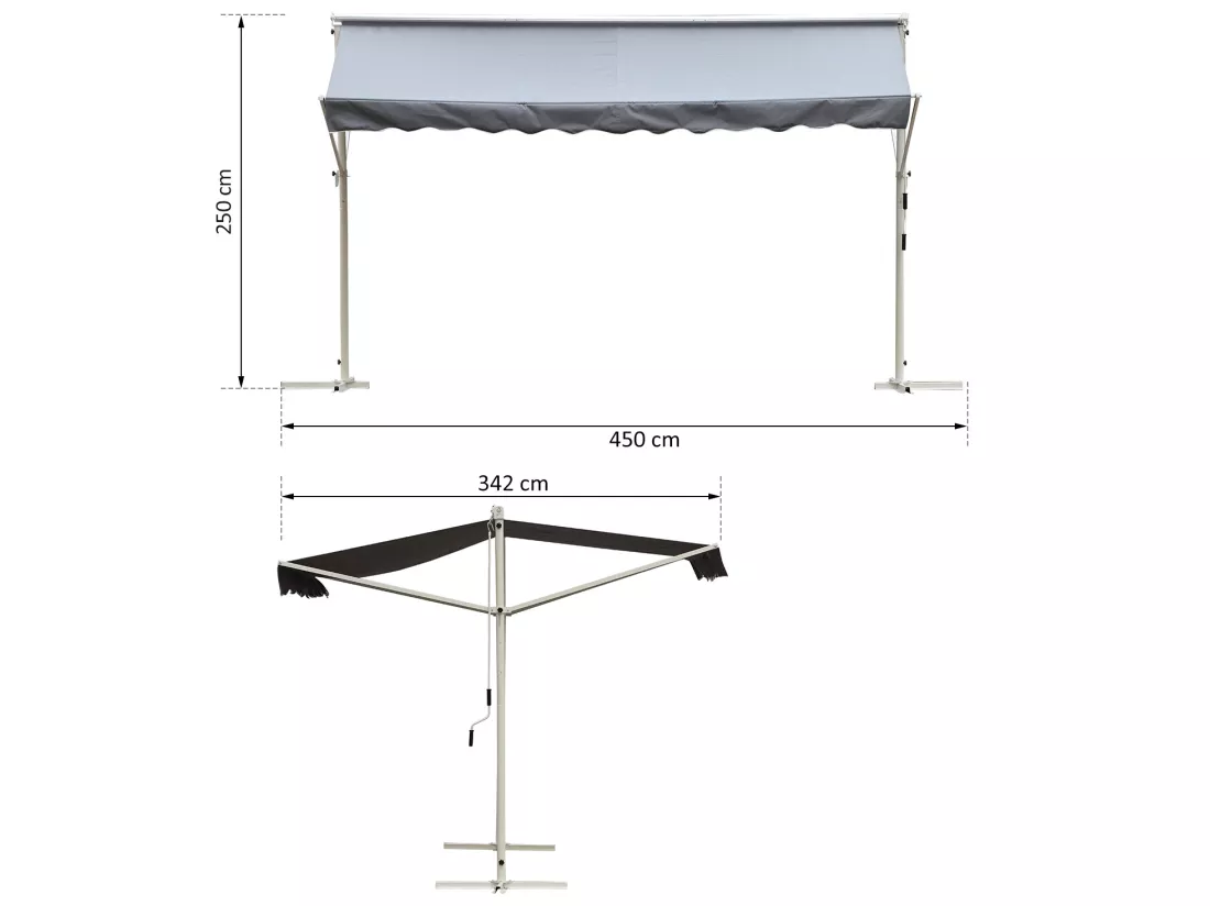 Store double pente manuel rétractable inclinaison réglable acier époxy blanc polyester imperméabilisé anti-UV gris dim. 4,50L x 3,40l x 2,55H m