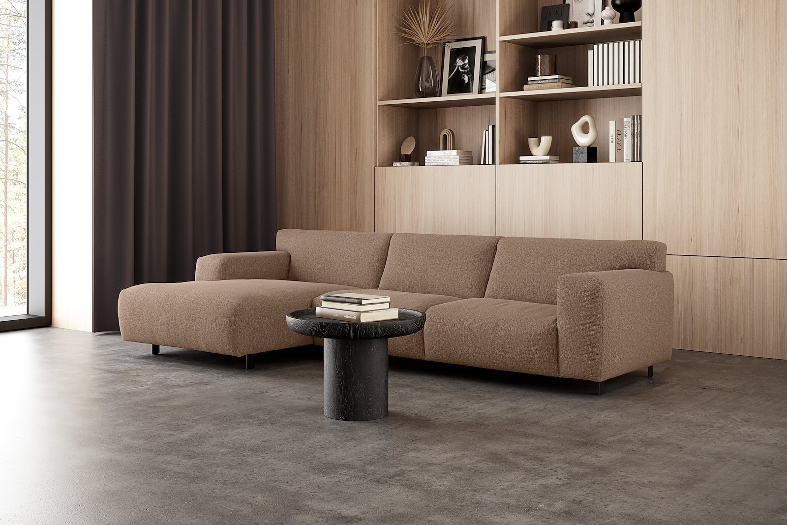 Vesta 2,5-seter med sjeselong venstre I Tekstil Marsel Bronze, standardsøm, sort metallben 10 cm, Comfort CM