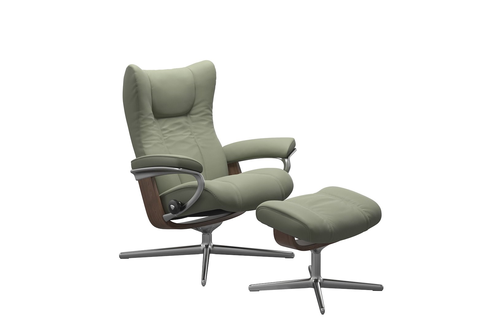 Wing lenestol m/krakk Hud Paloma Shadow Green - Cross Chrome - Valnøtt understell