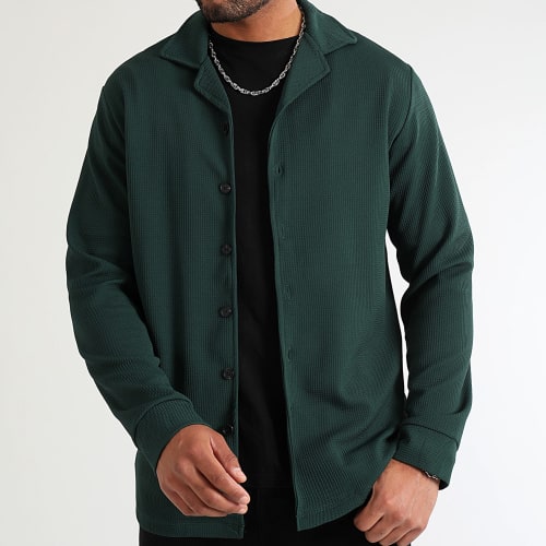 Chemise Manches Longues Texturé Waffle Oversize 0569 Vert Bouteille