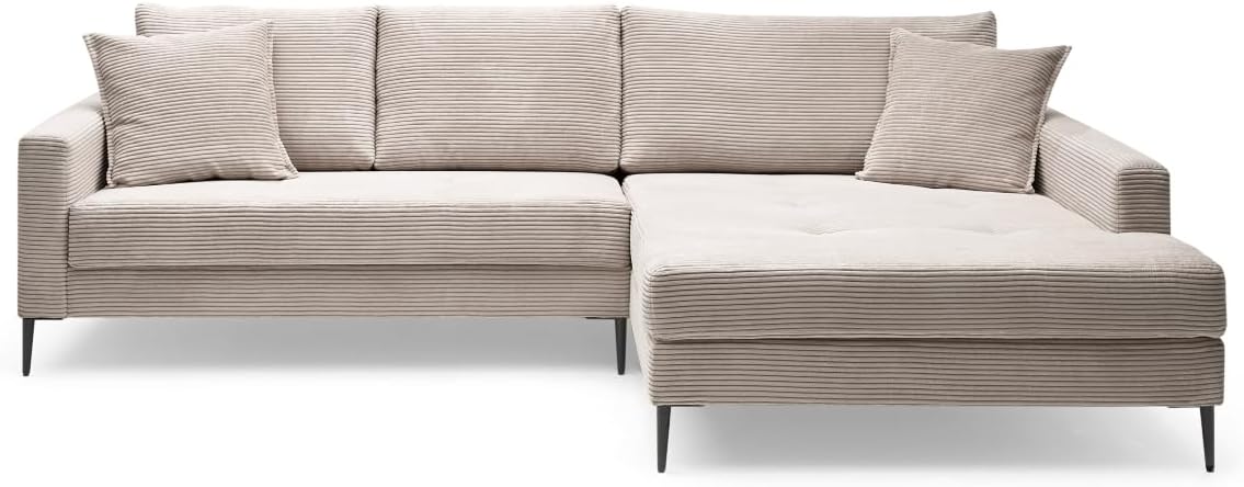 Sofa Hilary Mink, modernes Ecksofa, Cordbezug in Beige, Ottomane rechts, Couch mit hohem Sitzkomfort, pflegeleicht & formstabil, Metallfüße, Sofa in L-Form rechts, Made in Europe