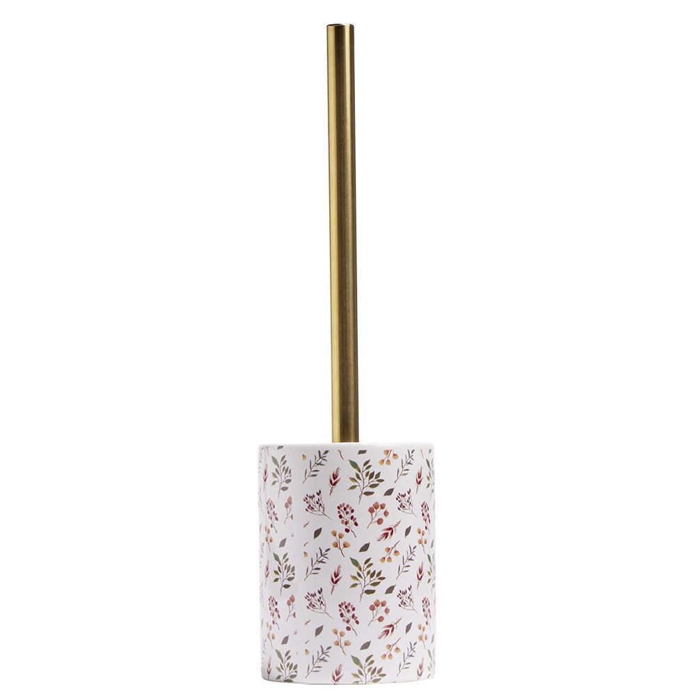 Brosse WC manche doré socle grès motif feuillage blanc vert Ø9,2xH36cm