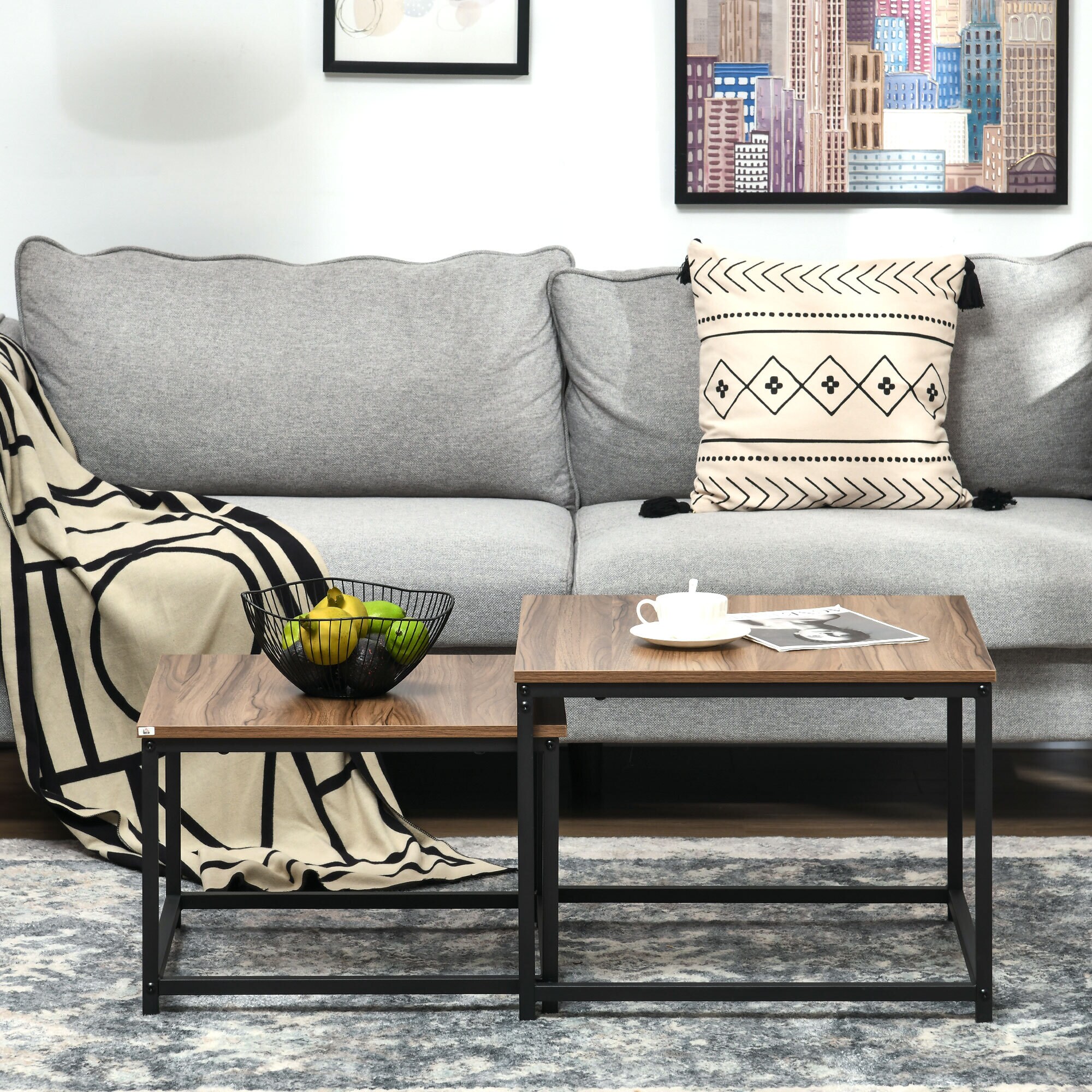 HOMCOM Couchtisch-Set mit Stahlrahmen natur 60L x 60B x 45H cm