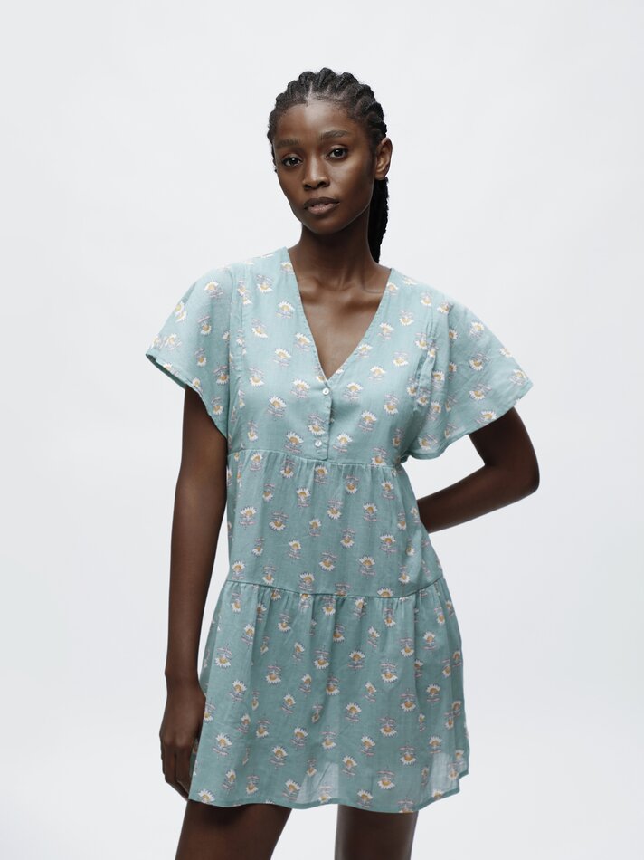 Vestido curto estampado - Azul-petróleo