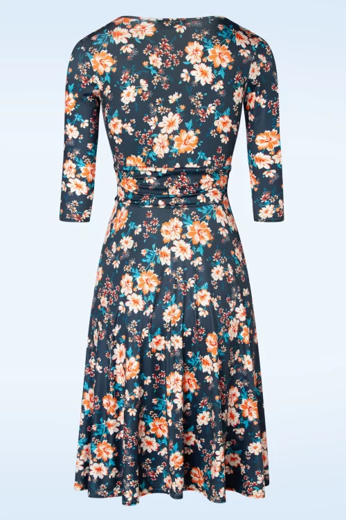 Vintage Chic for Topvintage Aria floral swing jurk in blauw en oranje