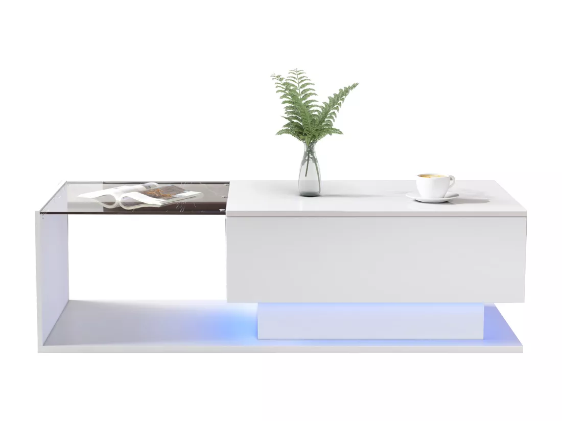 Table basse avec grand tiroir - 100x50x32 cm - LEDs - plateau en verre - Panneaux de particules - Blanc brillant