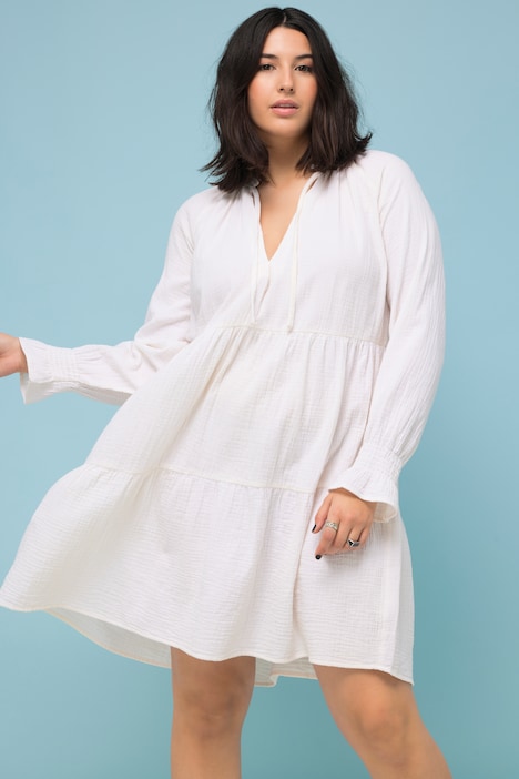Musselin-Minikleid, A-Line, Rüschen-Ausschnitt, Langarm