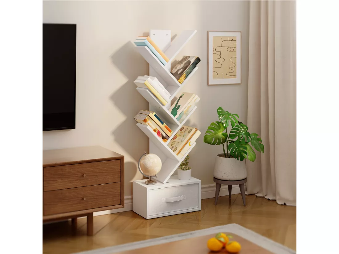 Bealife Bibliothèque 7 Niveaux Étagère de Rangement 1 Tiroir Tissu Arbre Livre CD Magazine Salon Chambre Blanc