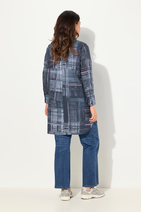 Longbluse, Karo, A-Linie, Hemdkragen, Langarm