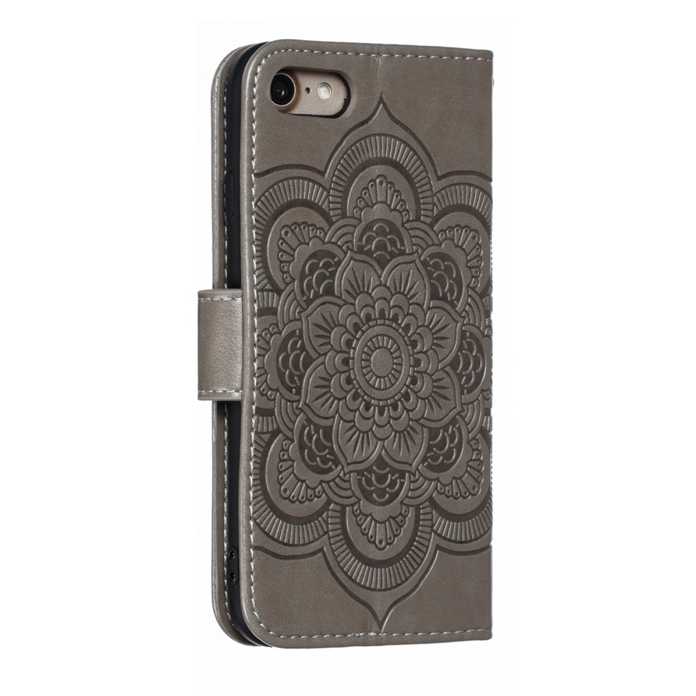iPhone SE (2022/2020) / 8 / 7 Leder Tasche Wallet - Mandala Flowers Imprint - Grau