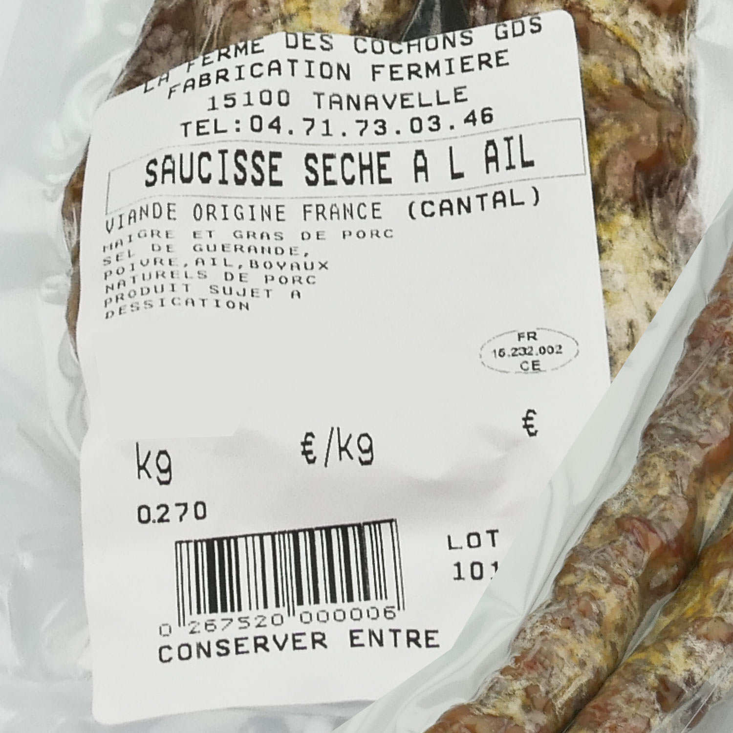 Saucisse sèche à l'ail du Cantal sans nitrites