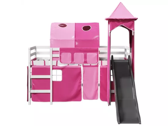 Lit mezzanine enfants avec tour rose 80x200cm bois pin massif