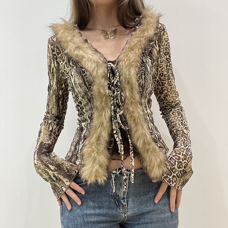 Honet - Blouse met lange mouwen, V-hals en luipaardprint, bontrand en strik aan de voorkant