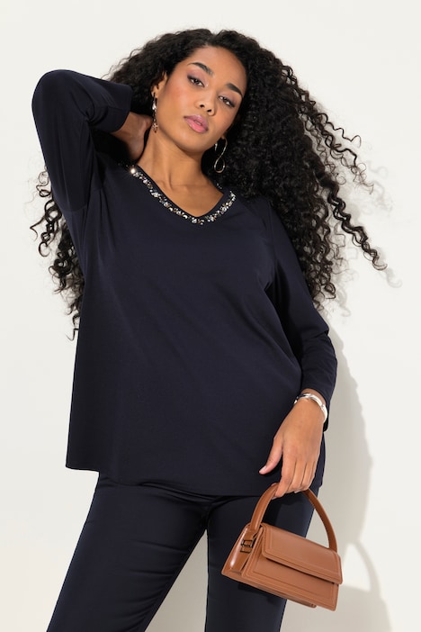 Shirt, Ziersteine, Classic, V-Ausschnitt, Langarm