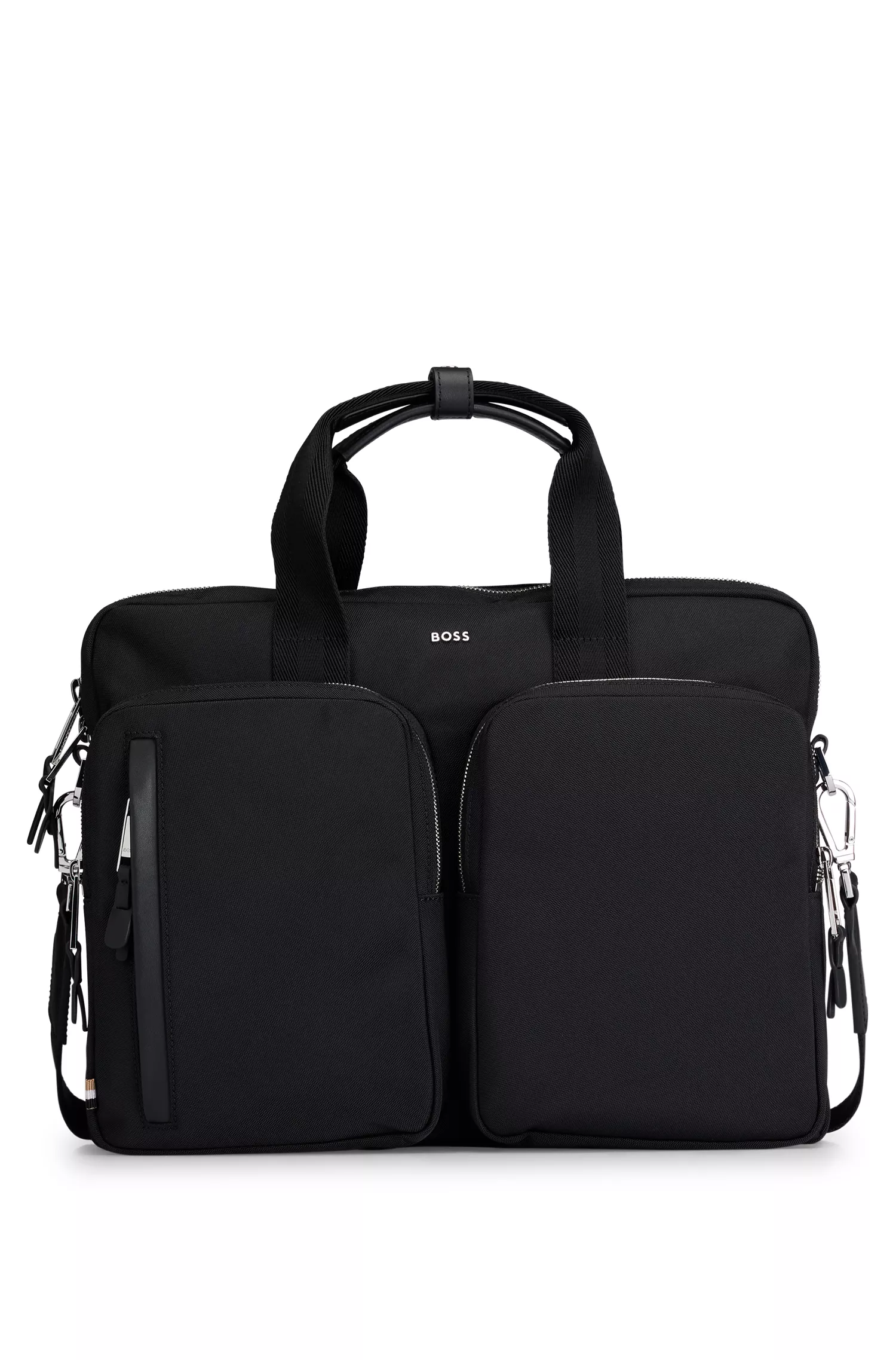 Pasta para documentos BOSS preta com dois bolsos frontais e logotipo da marca.