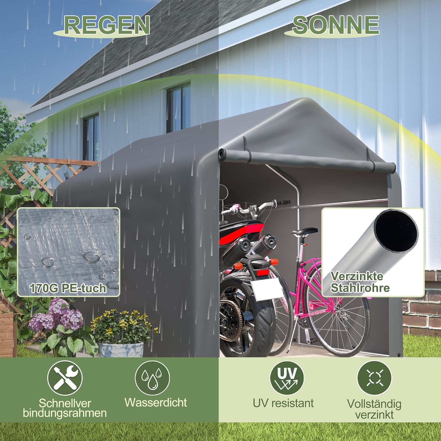 Ball & Cast Fahrradgarage wetterfest Geräteschuppen für 2-4 Fahrräder Carport Zelt mit UV-Schutz Fahrradschuppen für Regenschutz Motorrad Garage Gartenhaus Grau 160×220×165 cm