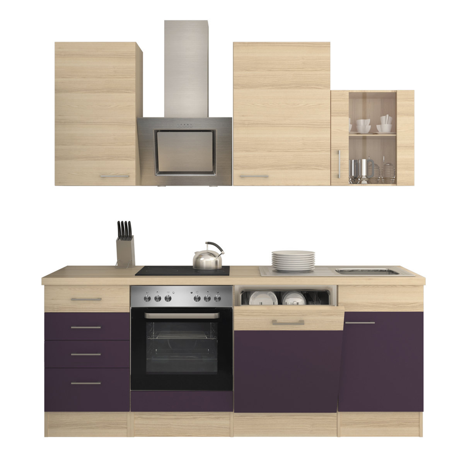 Küchenblock FOCUS - Akazie-Aubergine - mit E-Geräten - 220 cm
