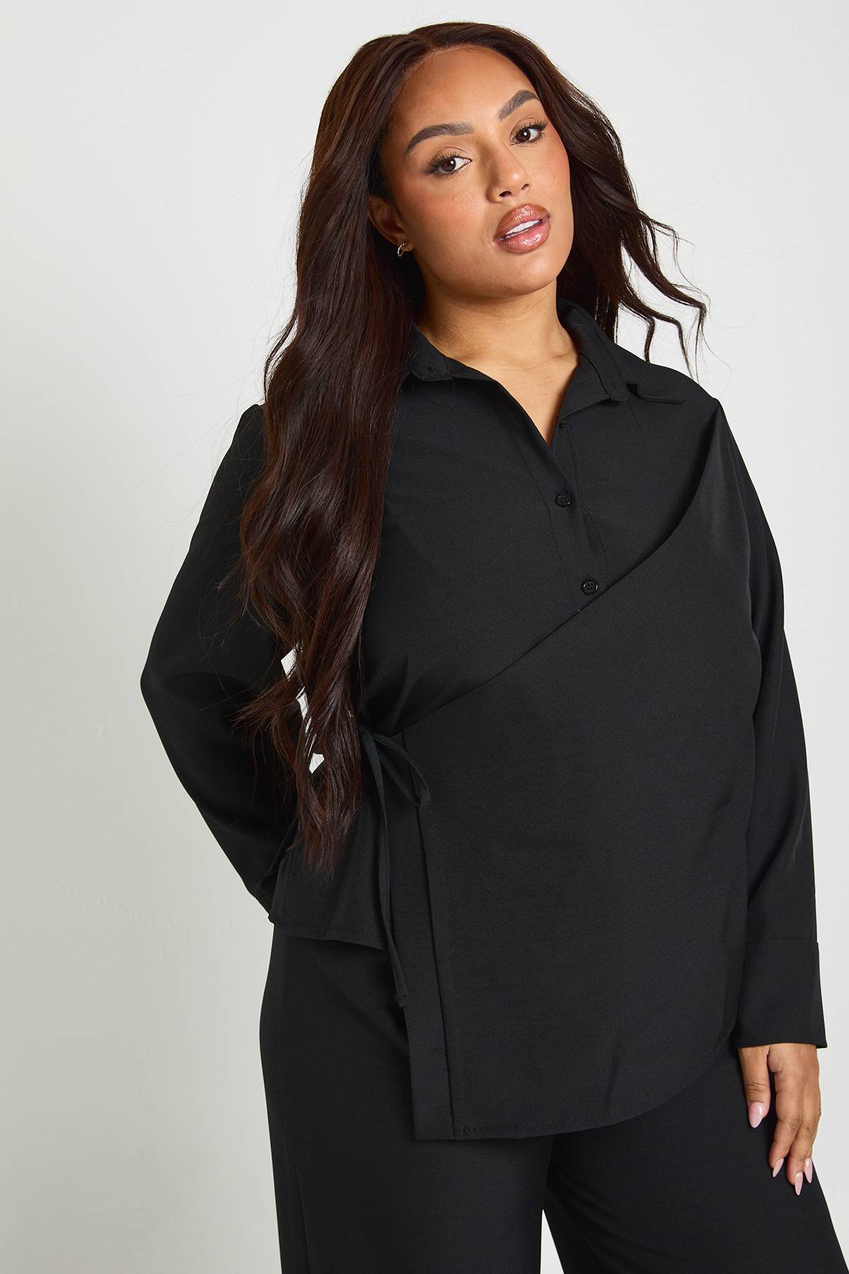 boohoo Ensemble Coordonné Grande Taille Chemise Cache-cœur Et Pantalon Large En Tissu Chiné