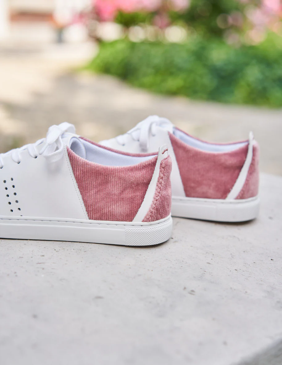 Baskets basses Renée - Cuir blanc et velours côtelé rose