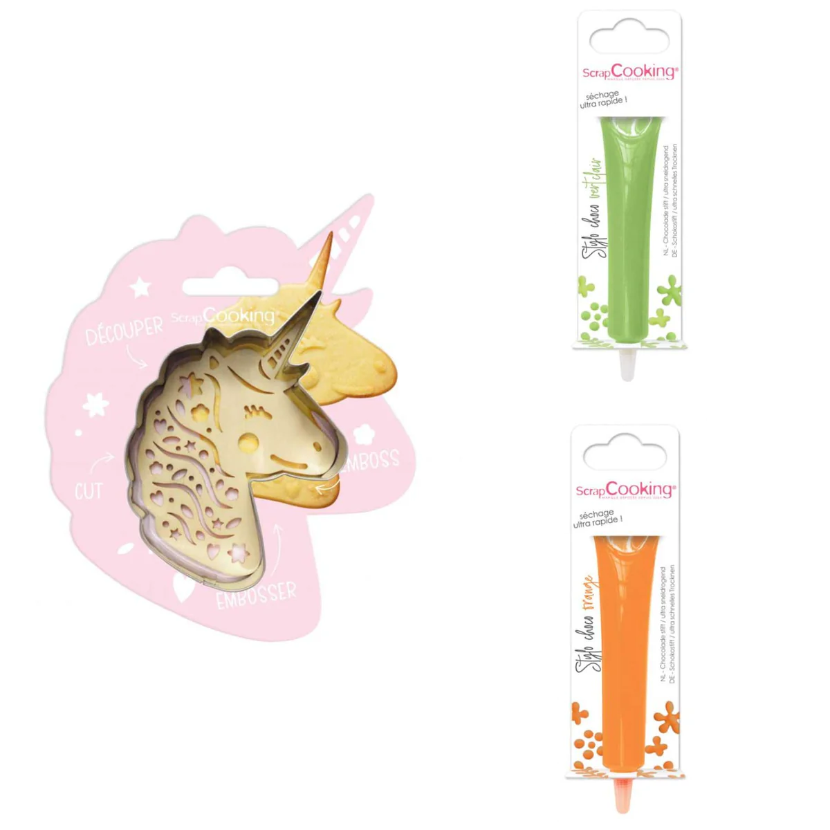 Kit pour biscuit en relief Licorne + 2 Stylos au chocolat vert clair e
