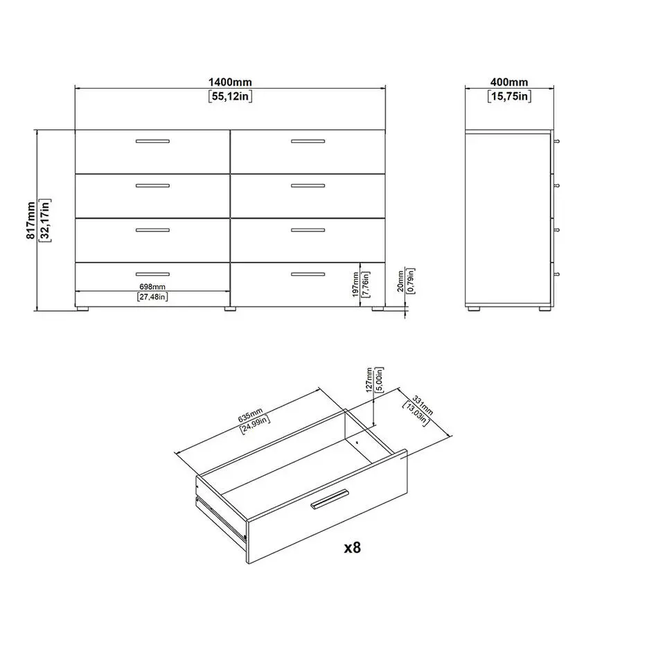 Hioshop Pepe kommode 8 lades eikenstructuur decor