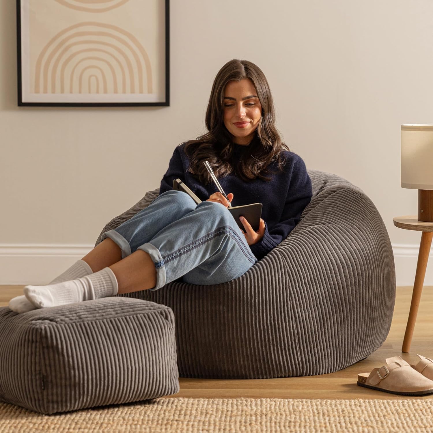 Icon Kingston Sitzsack mit Hocker Cord, Dunkelgrau, Sitzsack Erwachsene mit Füllung, Bean Bag, Cord Sessel, Lounge Sessel, Lounge Stuhl, Schlafzimmer, Wohnzimmer, Wohnzimmer Möbel