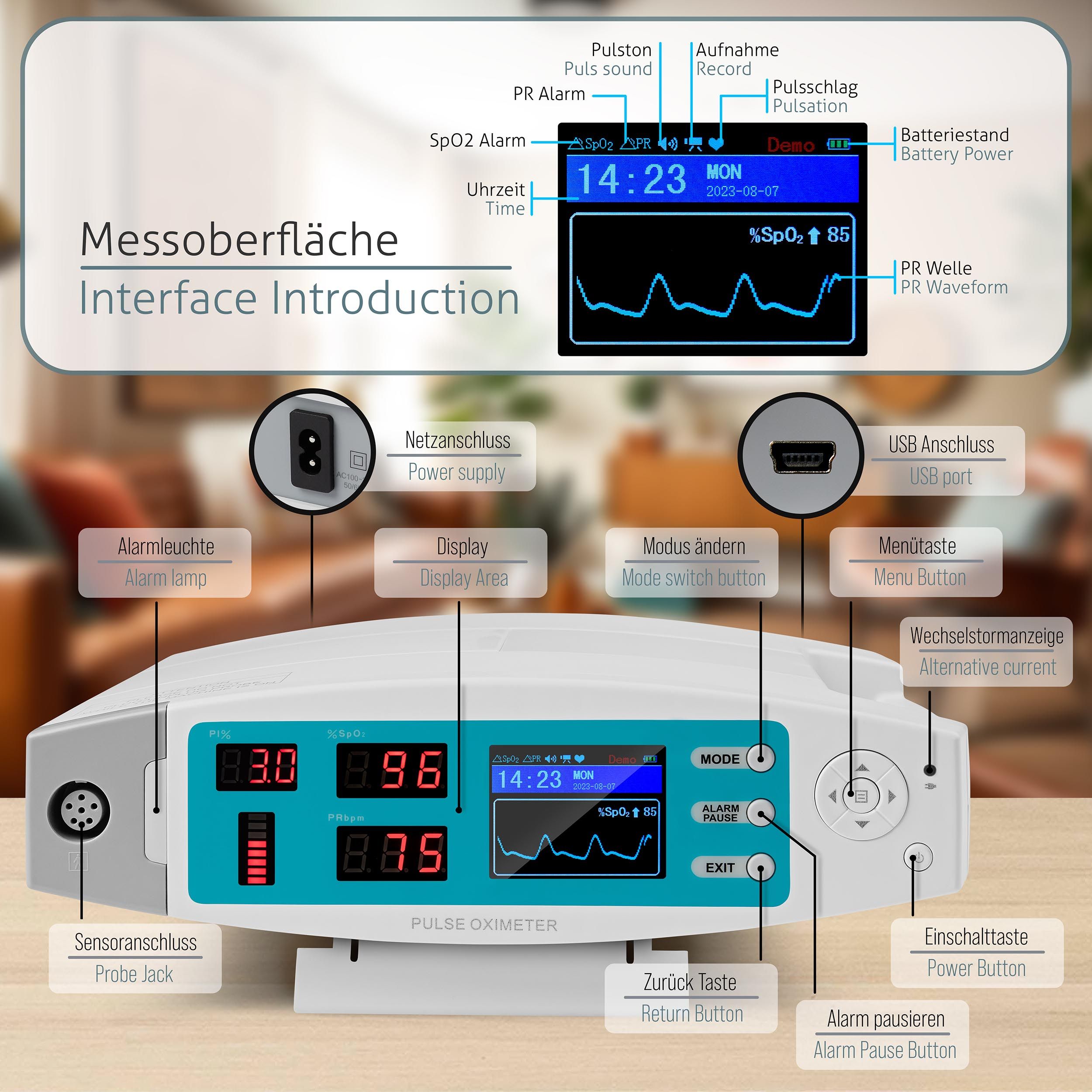 Pulox PO-900 Stationäres Pulsoximeter zur Messung von SpO2, Pulsrate und PI - Alarm und PC-Software