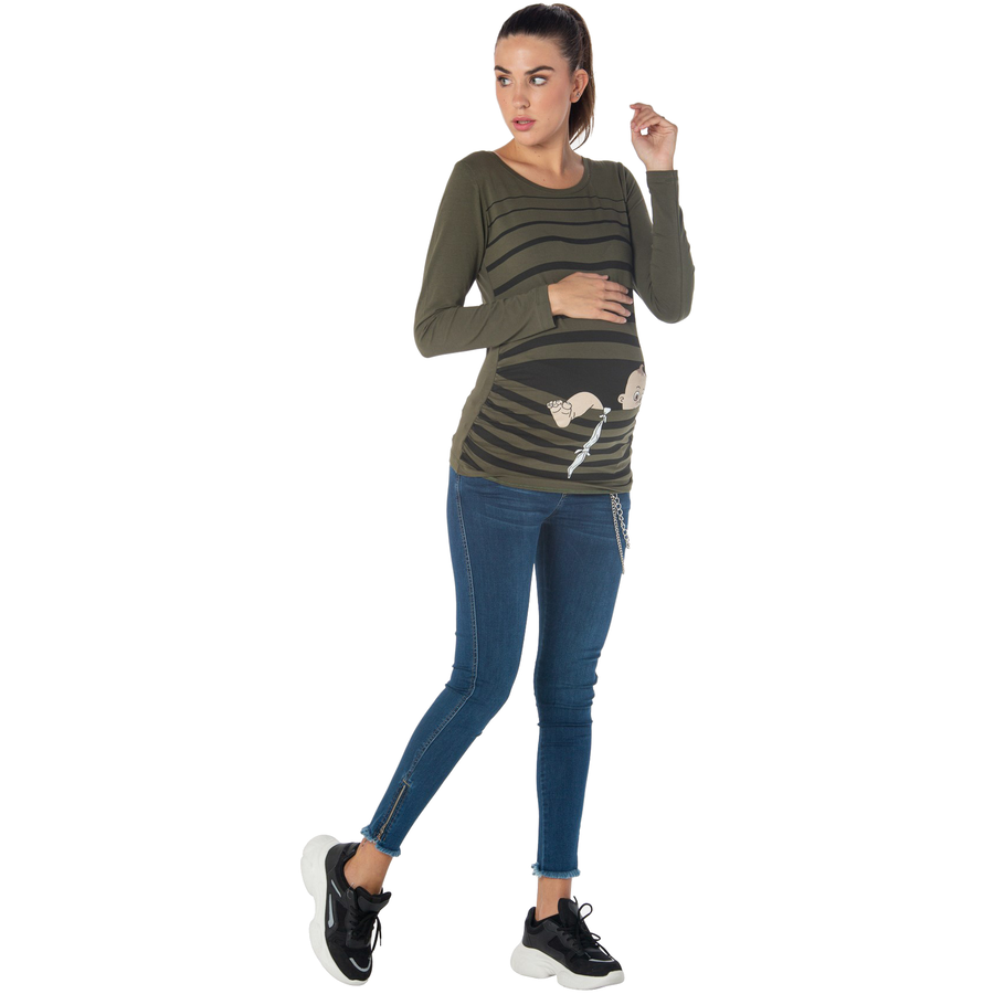 M.M.C. Umstandslangarmshirt Baby Flucht mit Motiv Khaki