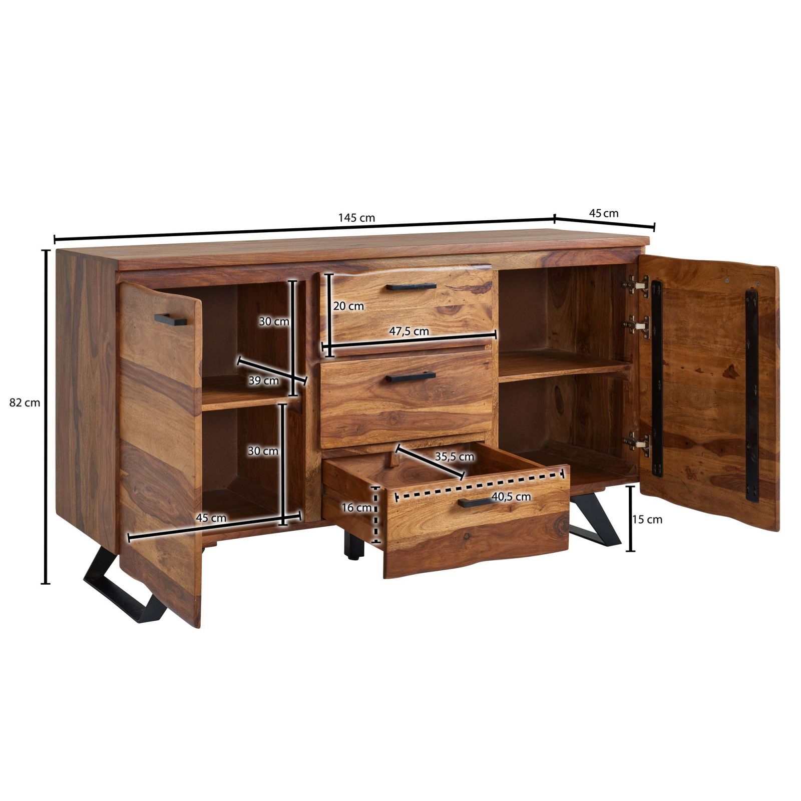 Sideboard - Sheesham massiv - 3 Schubkästen - 145 cm breit