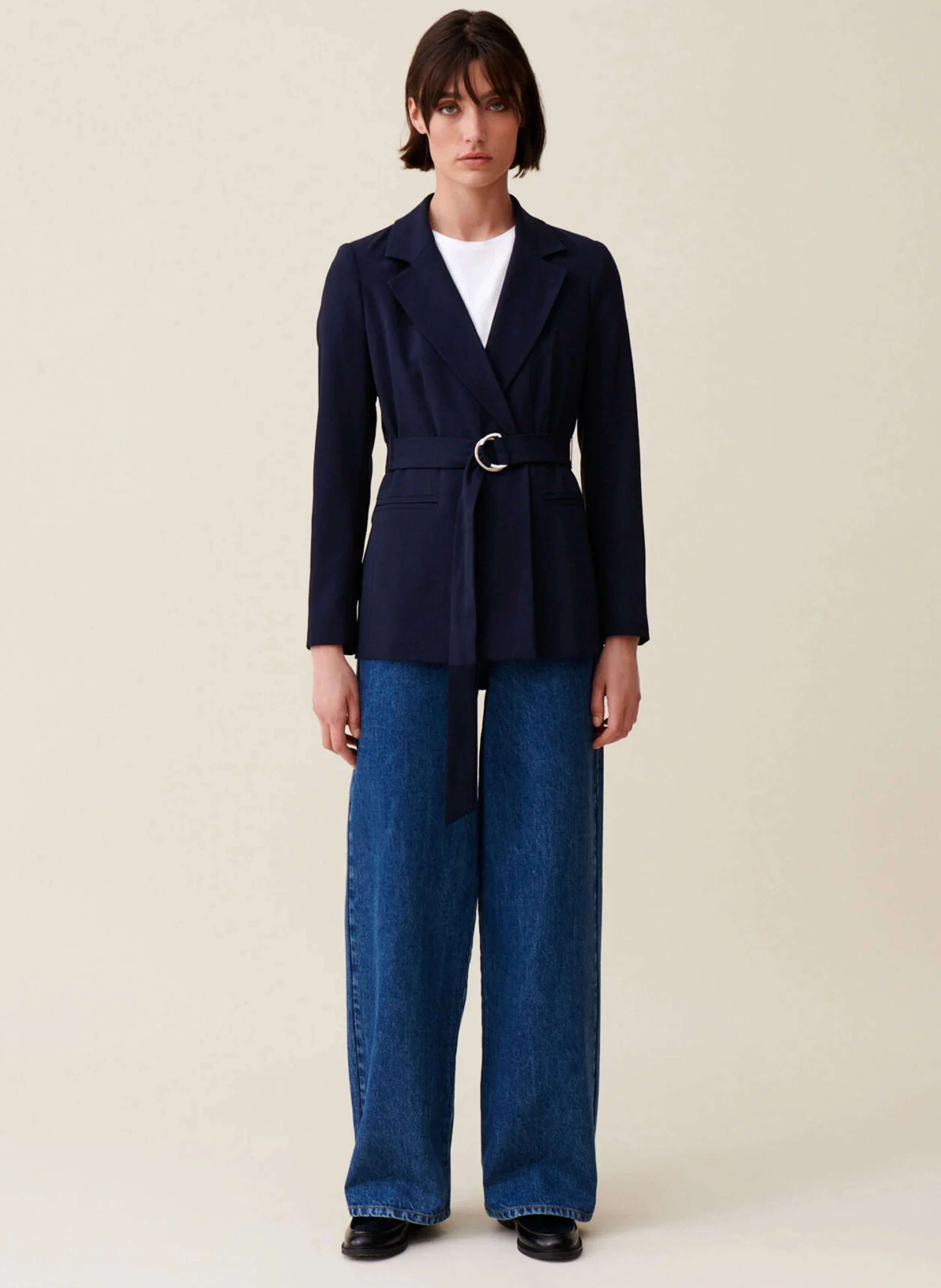 Veste col tailleur cintrée ceinturée | Bleu