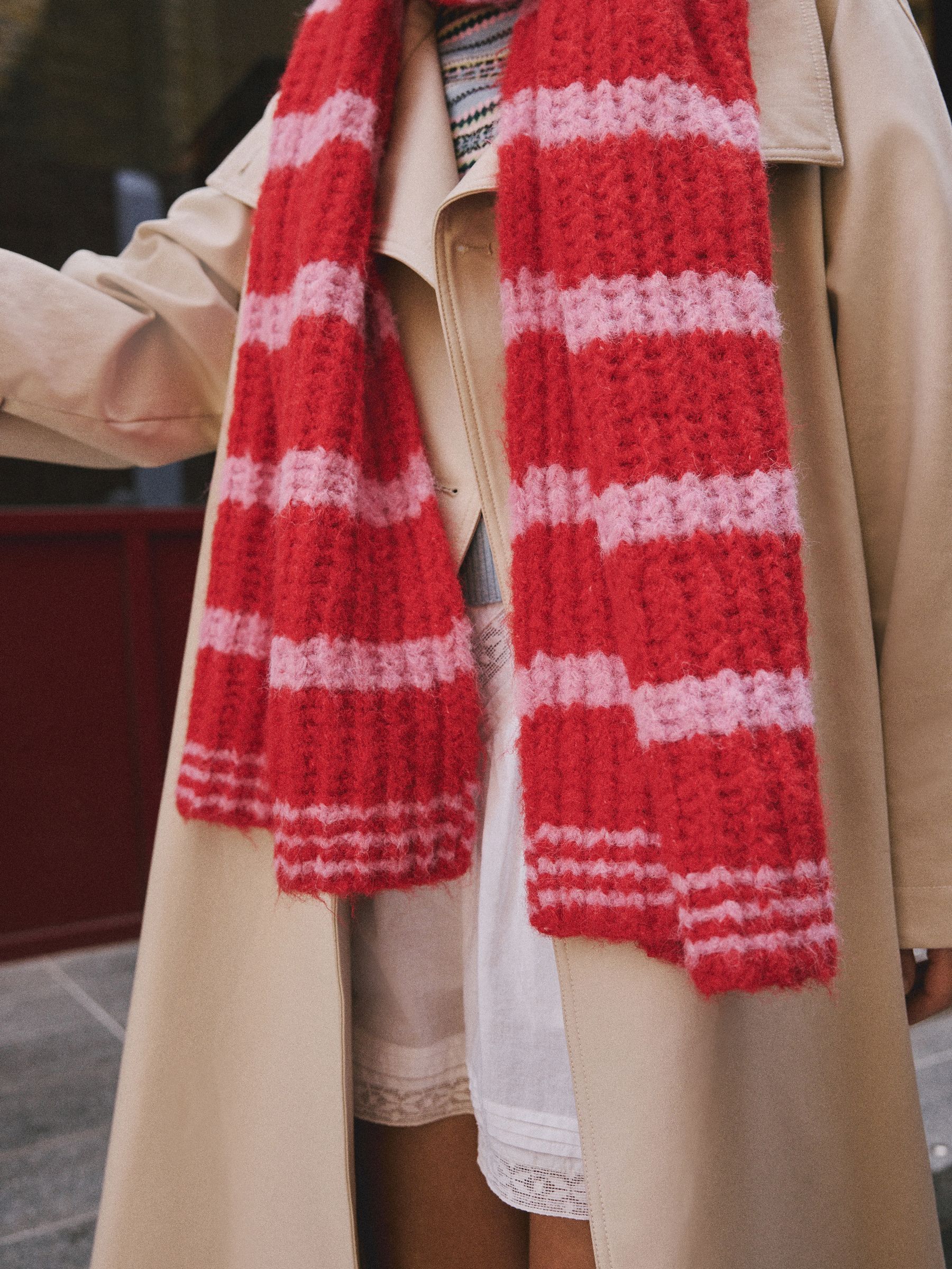 Roze - Knitted Wool Blend Striped Scarf