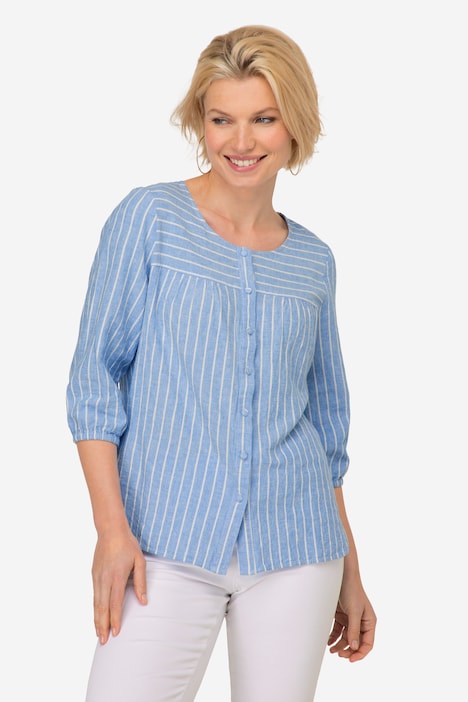 Bluse, Leinenmix, Streifen, Rundhals, 3/4-Ärmel