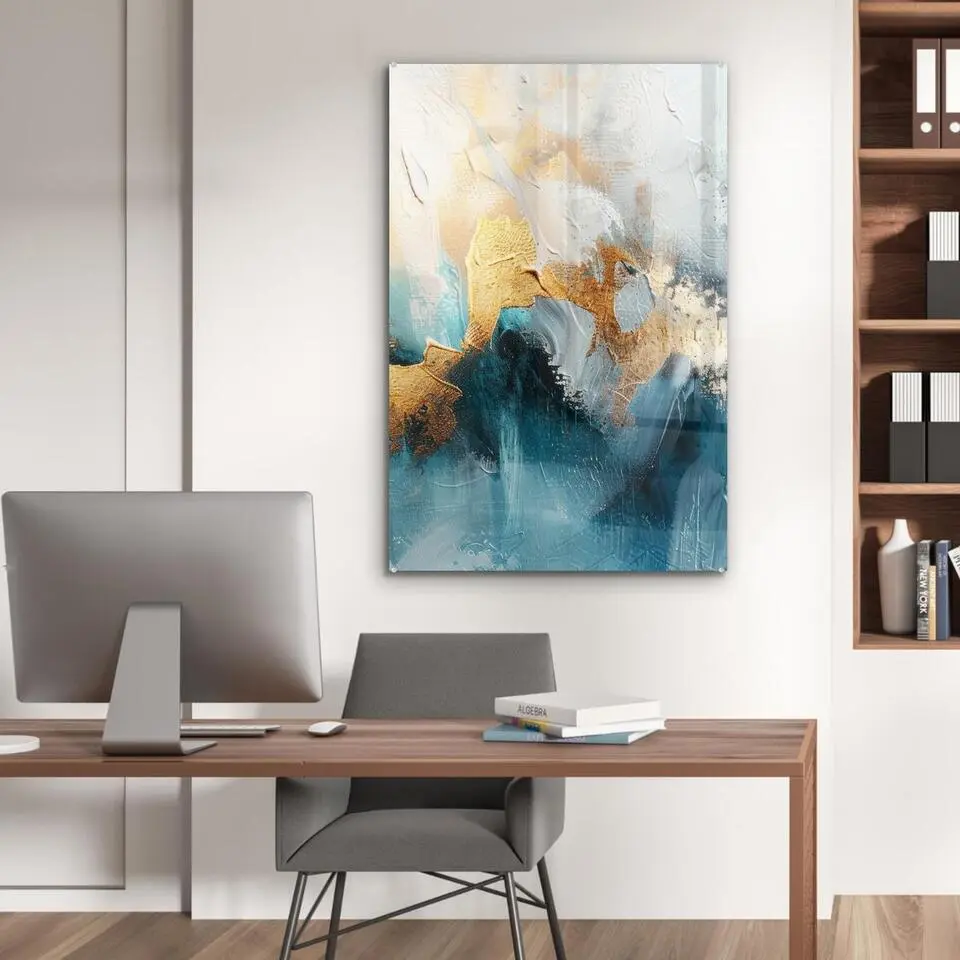 MuchoWow Glasschilderij 60x90cm Abstract Kunst Gold Blauw