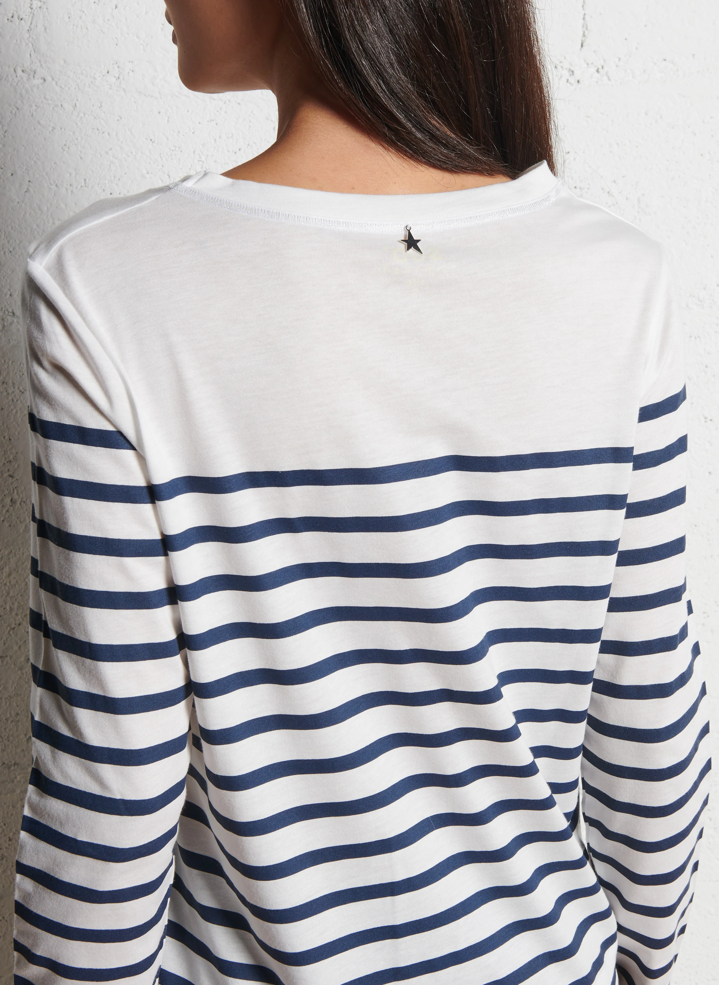 TEREZA - Tee-shirt droit col rond rayé en coton mélangé| Blanc
