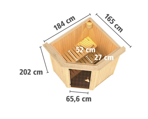 Plug & Play Sauna Karibu Achat III zonder kachel, met dakrand en grafietkleurige volledig glazen deur
