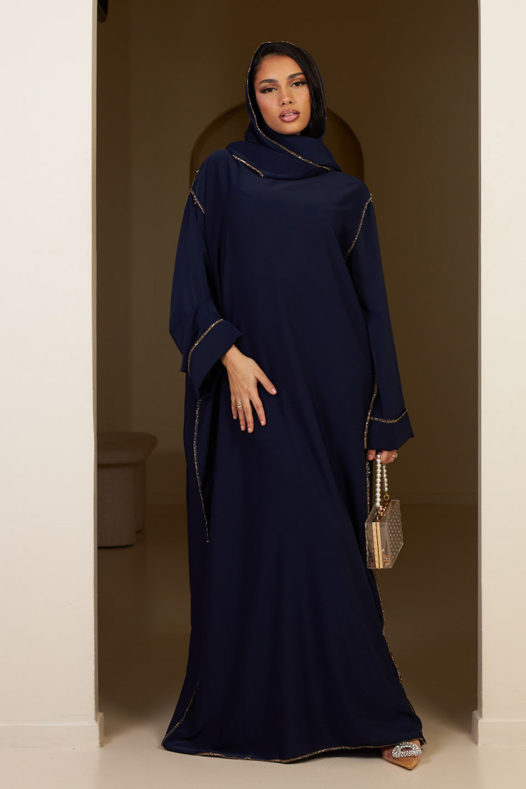 Abaya bleu foncé avec voile intégré à couture dorée