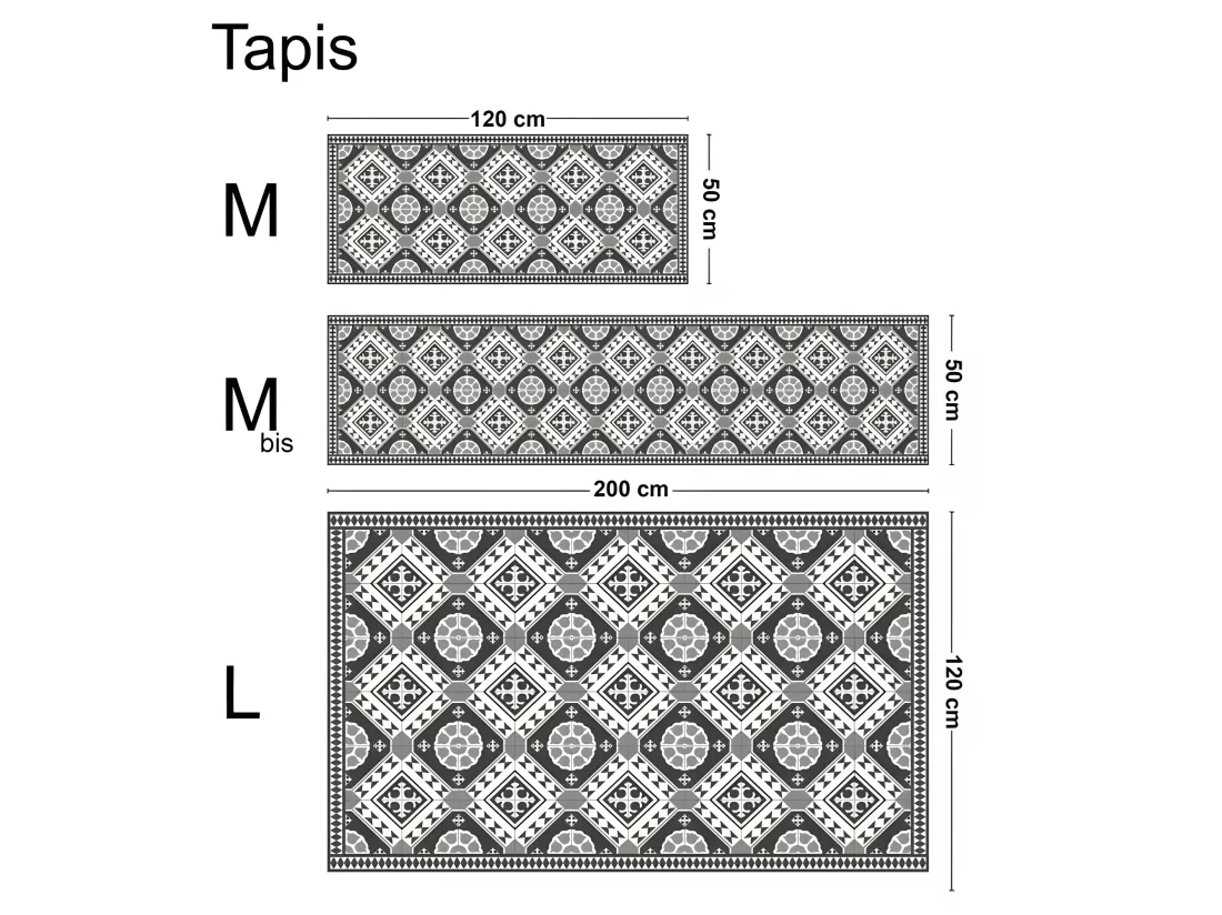 Tapis Vinyle Médium bis l 50xL200cm - Carreaux de ciment Faustine Gris - Vinyle