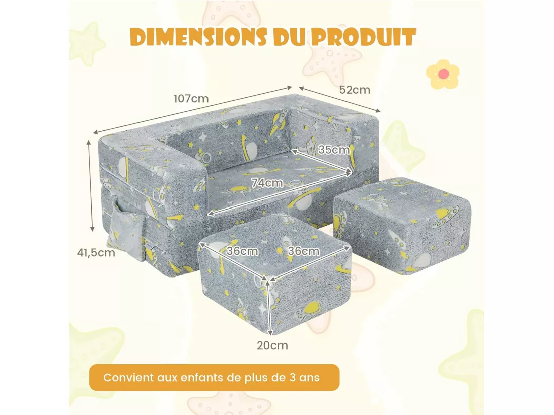 5 en 1 Canapé Enfants Lumineux (Brillant dans Le Noir) avec 2 Poufs & Motif de Vaisseau Spatial, Fauteuil Convertible en Tissu avec Poche Latérale, Housse Lavable, 3 Ans+