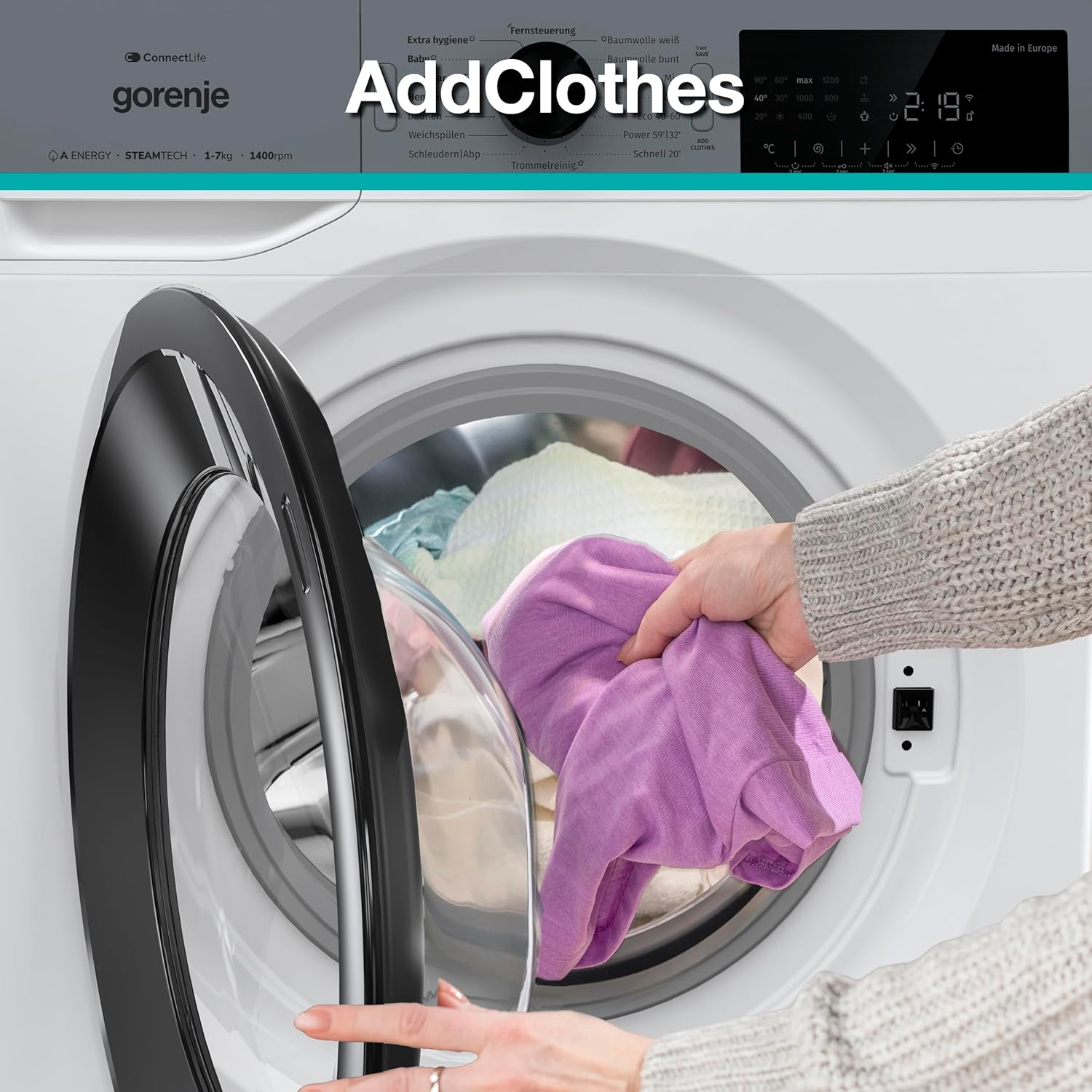 Gorenje WPAM94A1T Waschmachine mit Dampffunktion/ConnectLife / 9Kg / 1400 U/min / 15 Programme/Totaler AquaStop/Wave Active Trommel/ExtraHygiene/PowerWash/Schnell Waschgang/EEK: A-10%