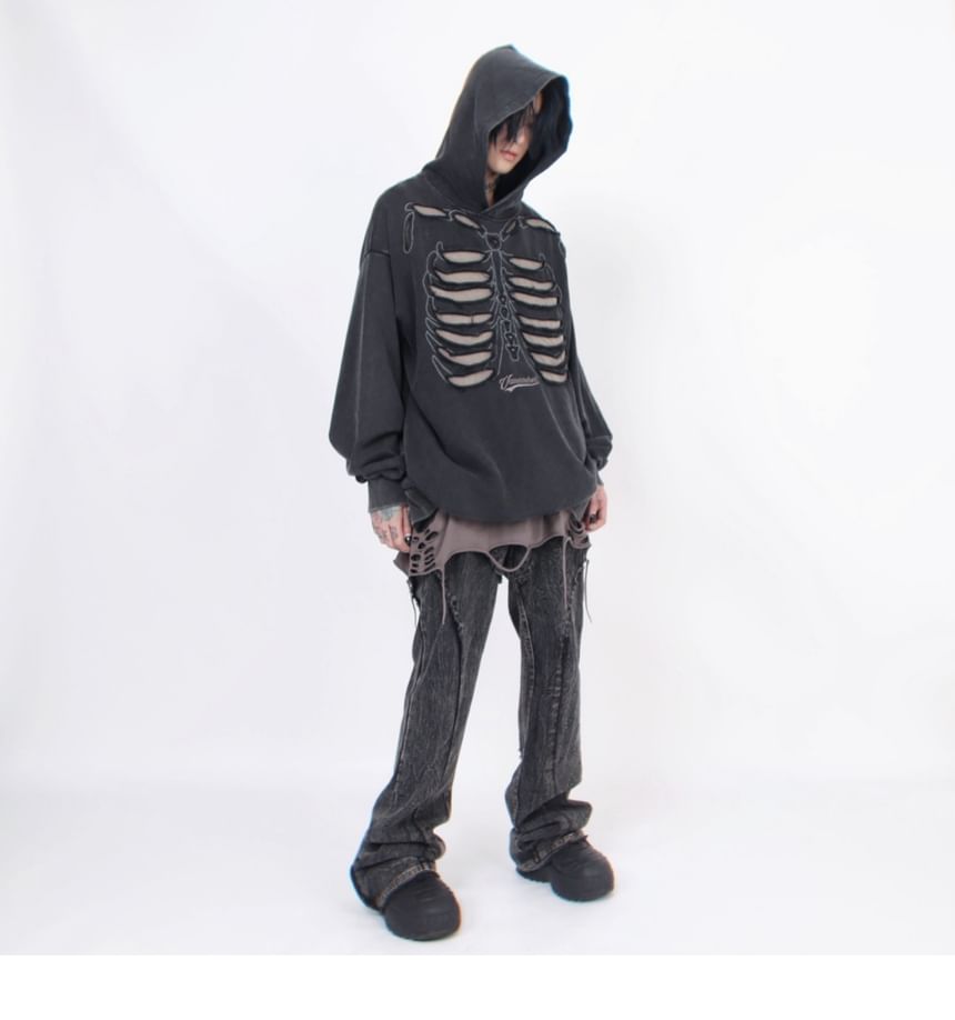 Derbundy - Lange mouwen skeletprint hoodie met distressed wash