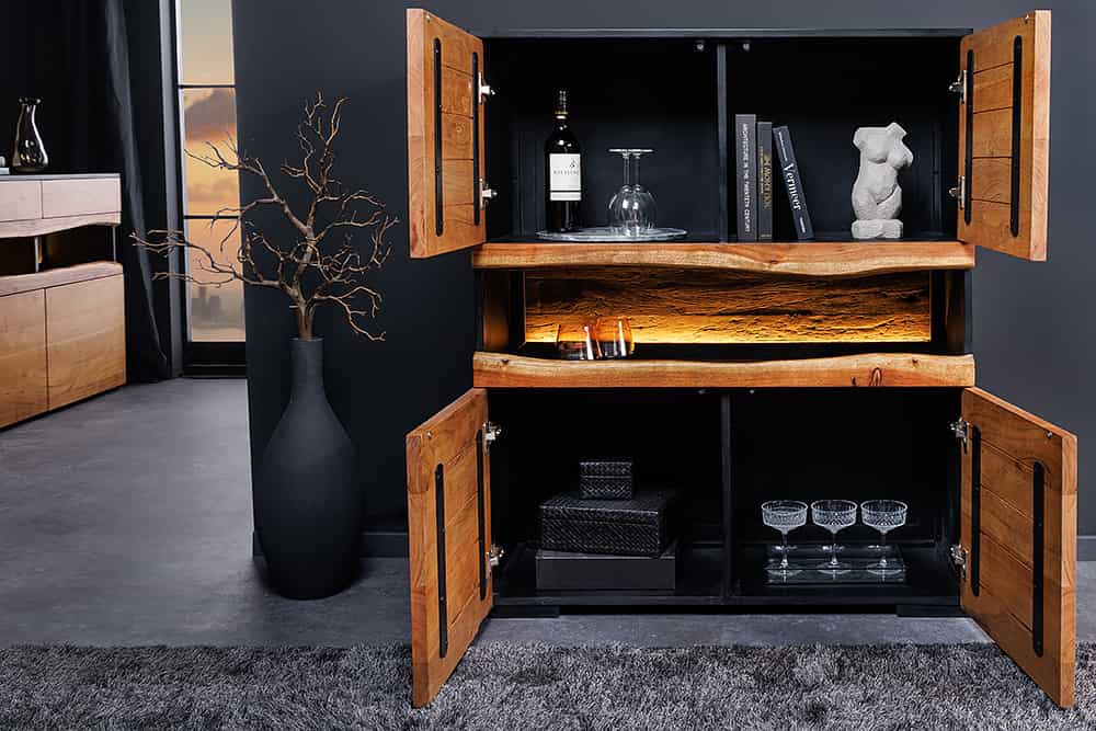 Massivholz Highboard GRAND ACACIA 120cm braun Akazie mit LED-Beleuchtung Baumkante