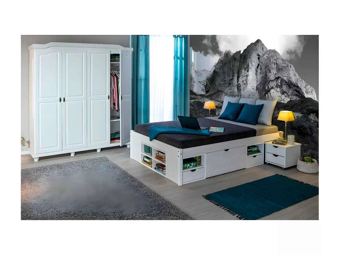 ALASKA - Pack Lit 180x200cm Multi-Rangements + Armoire 4 Portes