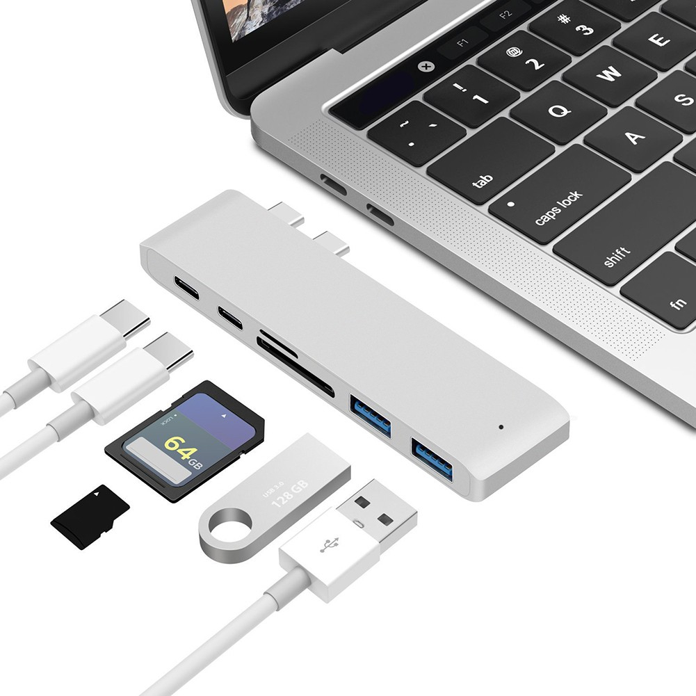 USB C Multiport Hub mit 2x USB C / 2x USB 3.0 Anschluss / Micro SD und SD Kartenlesegerät Apple MacBook Pro / Air - Dunkelgrau (Space Grau)
