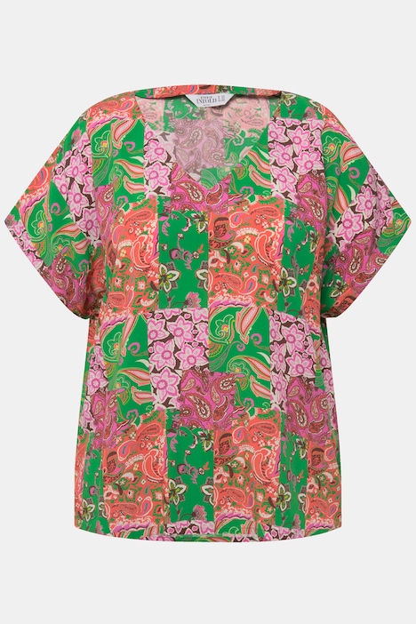 Blusenshirt, oversized, Patchprint, V-Ausschnitt
