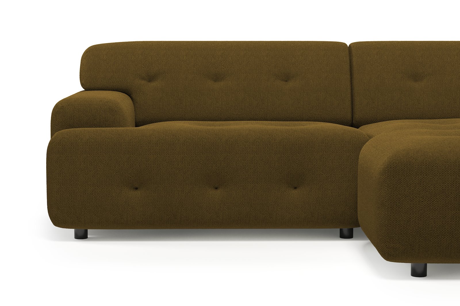 Bob sofa 1,5-seter med sjeselong høyre. Tekstil Mito 14 Khaki med sorte ben.