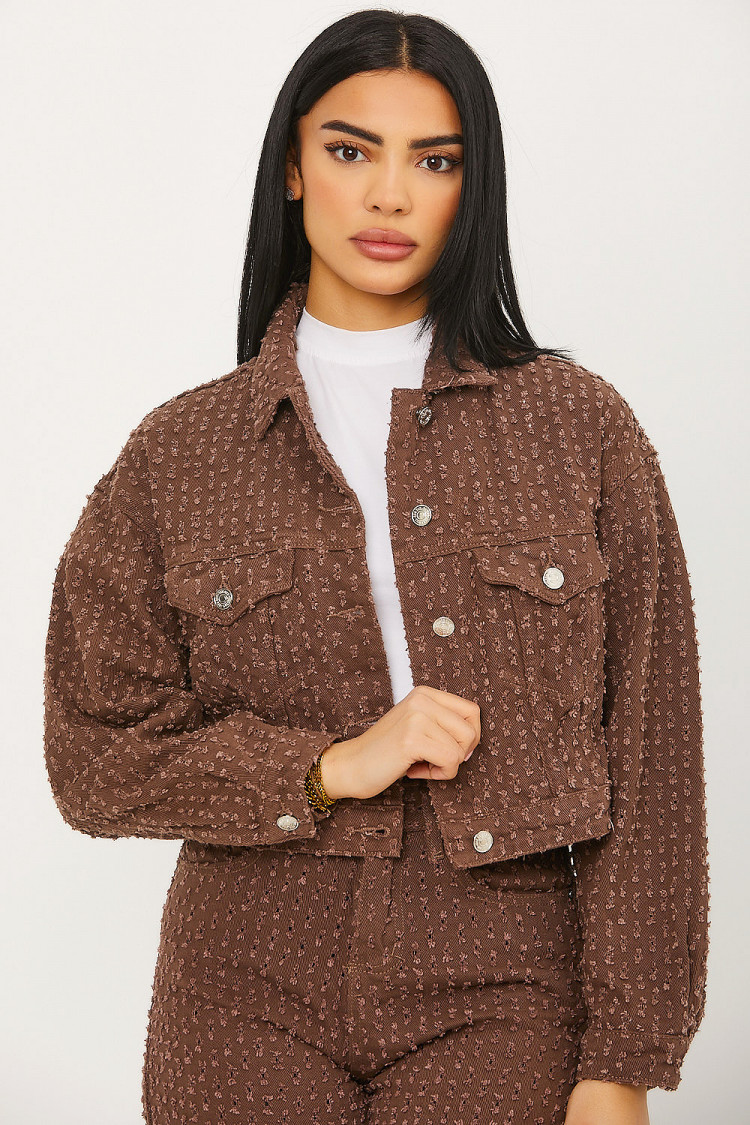 Veste courte en jeans marron à trous